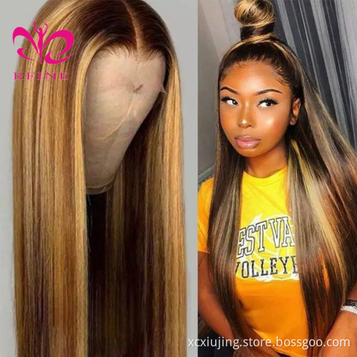 REINE  4/27 1B/27 Highlight Wig 4*4 Straight Lace Closure  Human Hair Wig Pre Plucked Ombre Piano Color